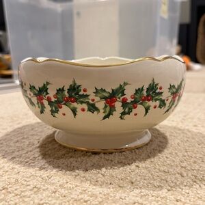 Antique Lenox Festive Christmas Holly Bowl with Gold Trim